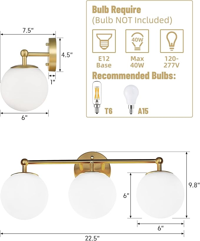 AKEZON Gold Vanity Light for Bathroom, Modern Bathroom Light Fixtures Over Mirror Brushed Gold Vanity Lights 3-Light Wall Sconce with Milky Glass Globe Shade for Mirror Living Room Bedroom Hallway