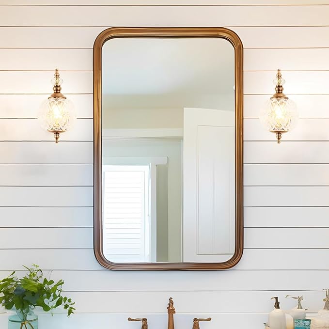 Brushed Antique Brass Bathroom Wall Sconce Vintage Style - G9 Bulb Compatible, Small Hardwired Bathroom Vanity Lighting with Hand-Etched Glass Shades, Easy Mounted for Bedroom Living Room Hallway