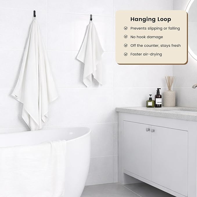 SEMAXE 4 Piece White Bath Towel Set for Bathroom, 100% Cotton Bath Towels with Hanging Loop, 55 x 27 Inch, Soft Absorbent & Quick Dry, for Home