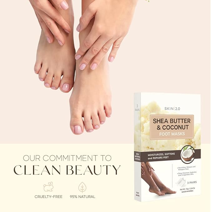 Skin 2.0 Shea Butter & Coconut Foot Masks - Softens Calluses, Treats Cracked Heels, Soothing & Hydrating - Dermatologist Tested Korean Skincare - Clean Beauty, Cruelty-Free, All Skin Types - 3 Pairs
