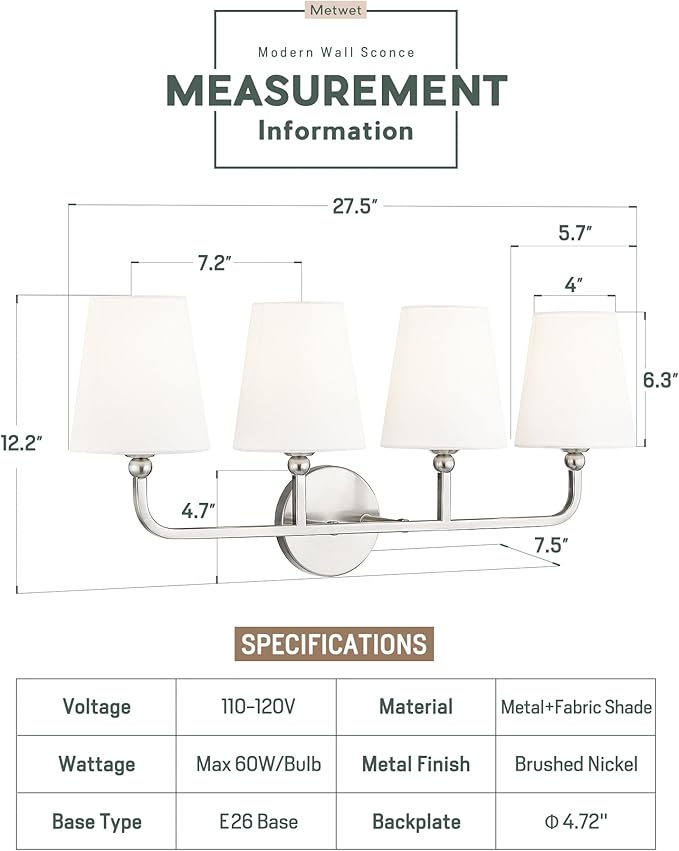 Bathroom Light Fixtures, 4 Light Vanity Lights with Flared White Fabric Shade, 28 Inch Brushed Nickel Wall Sconce, Modern Sconces Wall Lighting for Hallway Bedroom, VL837-BN-4