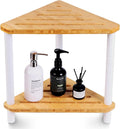 2-Tier Bamboo Corner Shower Caddy, Waterproof Bathroom Corner Storage Organizer with Anti-Slip Feet, Freestanding Corner Shower Shelf with Seat for Small Spaces,White
