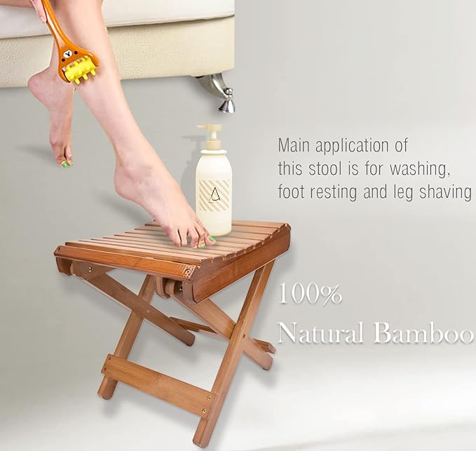 Folding Bamboo Stool for Shower, Leg Shaving and Foot Rest, Natural Bamboo Folding Stool, Folding Bamboo Shower Seat, Fully Assembled, 12 Inch High
