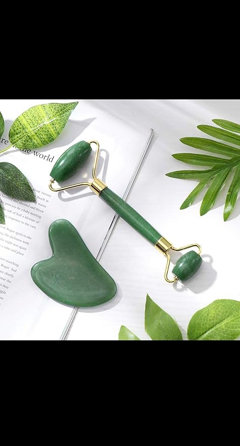 Jade Roller and Gua Sha Set, Natural Green Stone Facial Massage Tools with Gold Accents, 2-Piece Beauty Kit