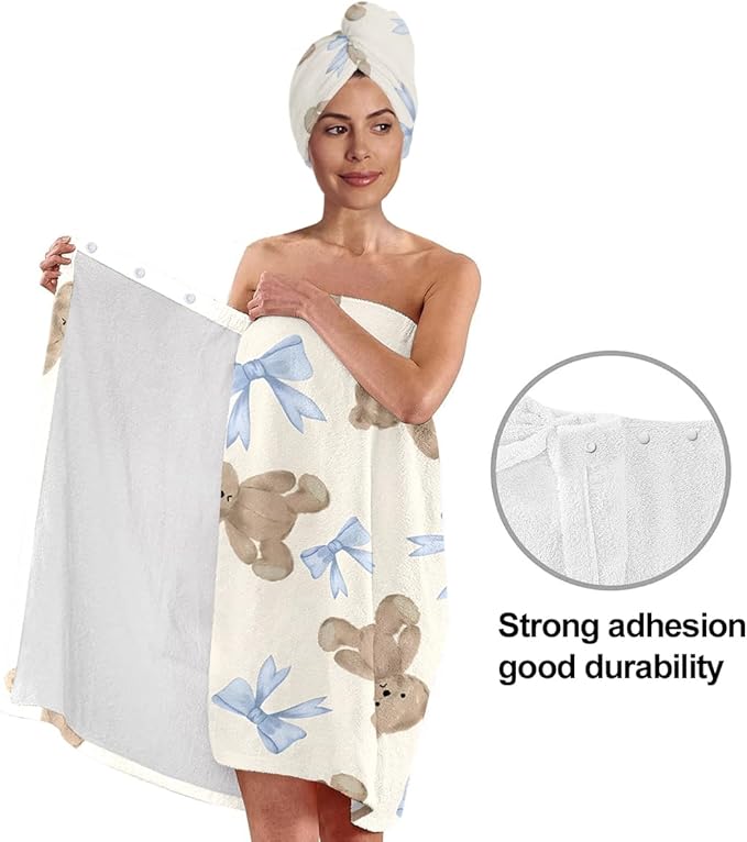 Bow and Teddy Bear Bath Wrap with Hair Drying Towel, Microfiber Shower Skirt and Quick Dry Turban for Women Girls Dorm Spa Gym Travel (Bow 3)