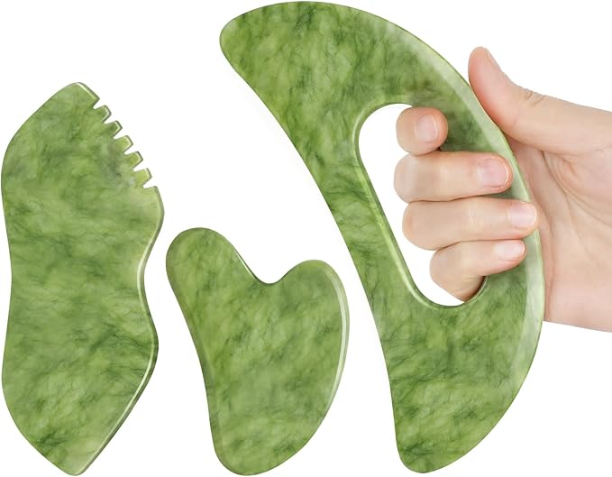 3 PCS Jade Stone Gua Sha Set Face Massager, Body Gua Sha Tool, Jade Gua Sha Facial Tools, Large Guasha Tool For Body, Face, Anti Cellulite, Lymphatic Drainage, Muscle Scraper, Valentine's Day Gifts