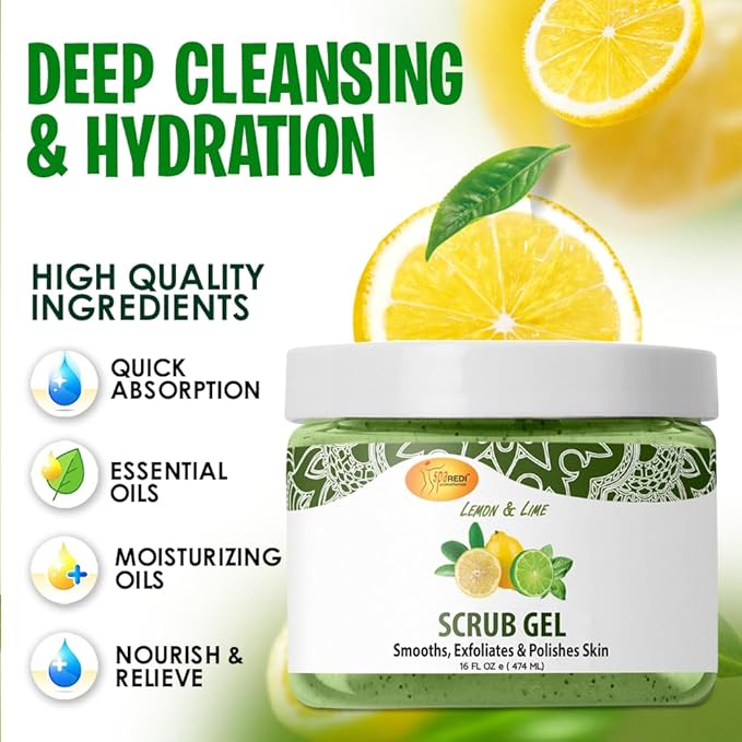 SPA REDI – Exfoliating Scrub Pumice Gel, Lemon & Lime, 16 Oz - Manicure, Pedicure and Body Exfoliator Infused with Hyaluronic Acid, Amino Acids, Panthenol and Comfrey Extract