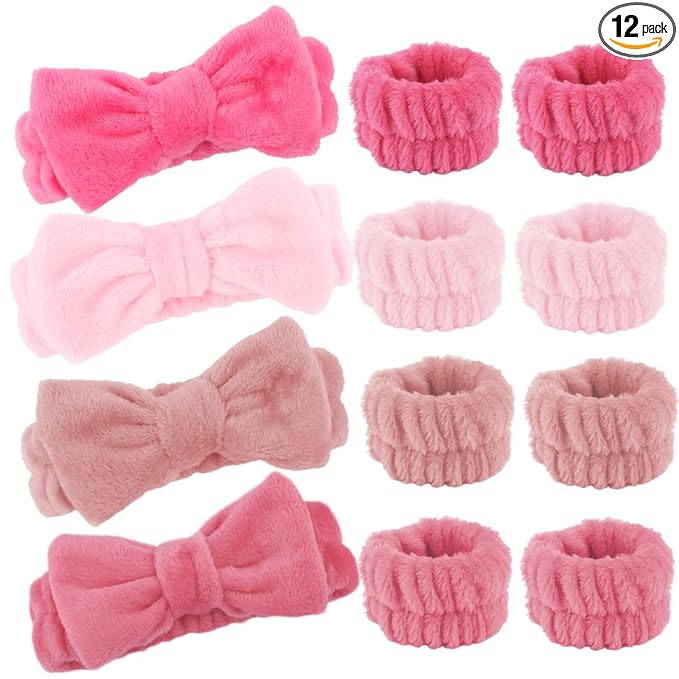 AOPRIE SPA Headbands for Washing Face Makeup Headbands with Bow Hair Band Women Facial Head Band Laurel Wrist Towel Wraps For Shower Face Mask Red Pink, 12 Pack