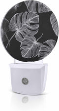 Night Lights Auto Sensor Black Palm Leaves Night Light Summer Tropical Branches Round Lamp Plug-in LED Nightlights Dusk to Dawn for Living Room Bedroom Bathroom Hallway Wall Decor