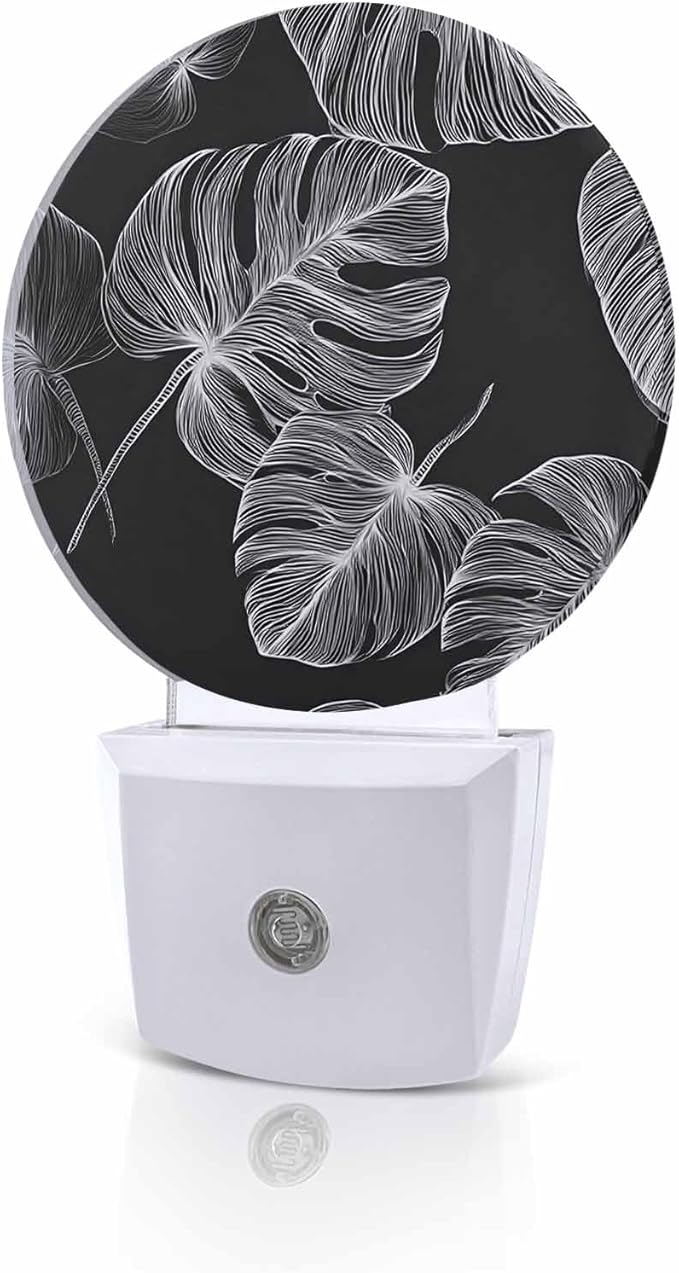 Night Lights Auto Sensor Black Palm Leaves Night Light Summer Tropical Branches Round Lamp Plug-in LED Nightlights Dusk to Dawn for Living Room Bedroom Bathroom Hallway Wall Decor