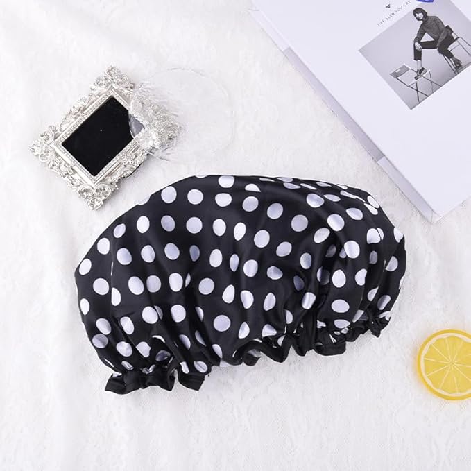 Polka Dot Shower Caps for Women Reusable Waterproof Satin Lined Bathing Caps for Braids Long Short Hair Cap for Shower Bath Large Polka Dots Foldable Travel Showering Cap for Women Men Vintage Fashion