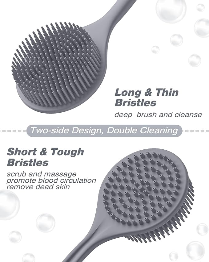Manmihealth Silicone Back Scrubber (Thick Bristles) & Bath Glove & Face Brush Set (3PCS), Super-Exfoliating & Lathering Body Scrubber, Shower Brush, Face Scrubber Combination, with a Free Hook (Gray)