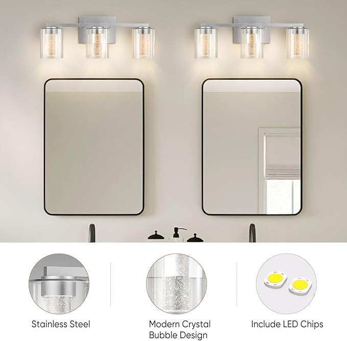 LED Modern Bathroom Light Fixtures Over Mirror, 3-Light Brushed Nickel Vanity Lights with 5 Color Modes, Dimmable Bathroom Vanity Light with Crystal Bubble Glass, 2700K-6500K Adjustable, ETL