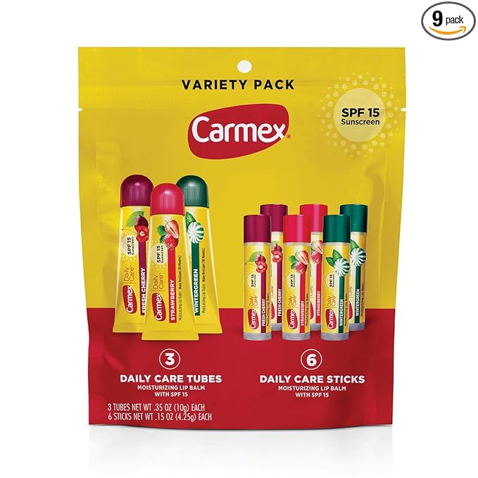 Carmex Daily Care Moisturizing Lip Balm Pack, SPF 15, Multi-Flavor Lip Care Variety Pack Bag, 9 Count (3 Tubes, 6 Sticks)