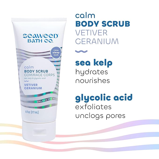 Seaweed Bath Co. Calm Body Scrub, Vetiver Geranium Scent, 6 Ounce, Sustainably Harvested Seaweed, Sea Kelp, Glycolic Acid