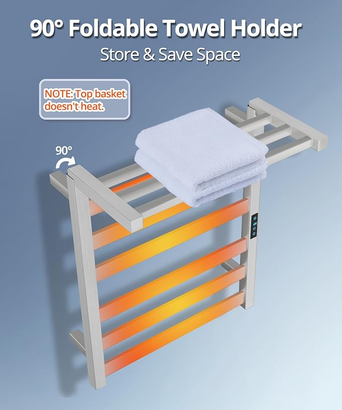 WiFi Heated Towel Rack Wall Mounted, Electric Towel Warmer with Foldable Bracket, Stainless Steel, LED Built-in Timer, Plug-in, Temperature & Timing Control, 6 Bars, Nickel Silver