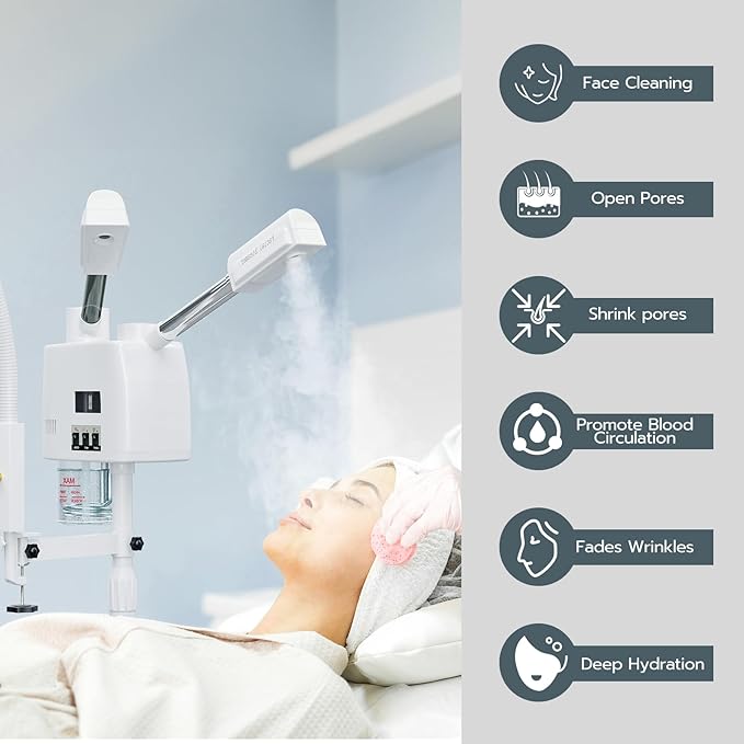 Paddie Professional 3 in 1 Facial Steamer on Wheels for Esthetician, Hot & Cold Mist, 5X LED Magnifying Lamp, White