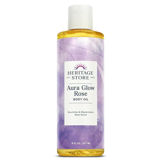 HERITAGE STORE Aura Glow Rose Body Oil, Luxurious Body Moisturizer for Dry Skin, Massage Oil, Bath and Shower Oil, Carrier Oil for Essential Oils and Aromatherapy, Rose Scent, 60-Day Guarantee, 8oz