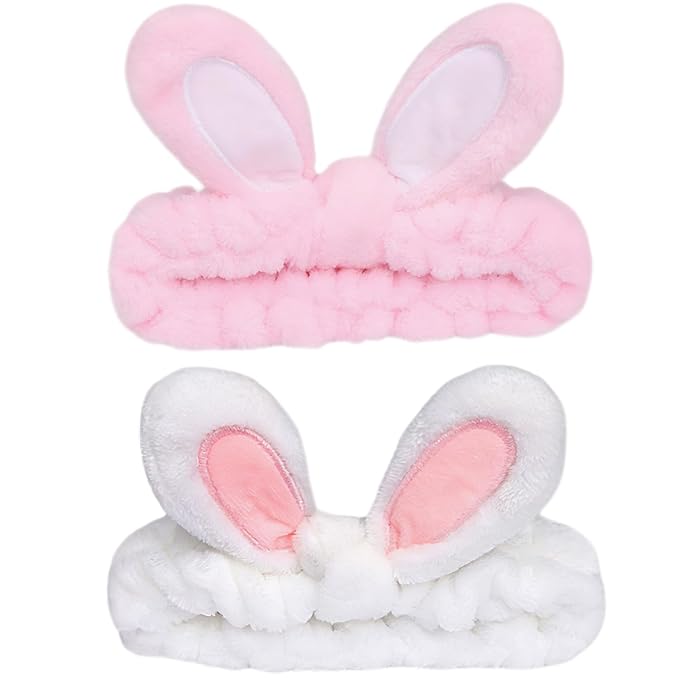 musejoy 2 Pcs Headband Bunny Ears Headband Cute Spa Headbands for Washing Face Skincare Makeup Headbands for Women Girls Trendy Stuff Present Soft Coral Fleece Hair Accessories(Pink+White)