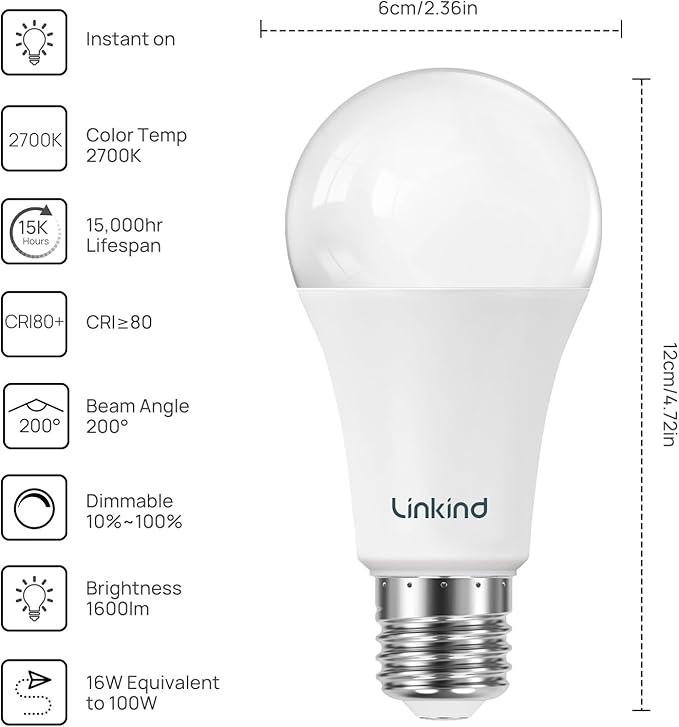 Linkind A19 LED Light Bulbs Dimmable, 100W Equivalent Light Bulbs, 16W, 2700K Soft White, 1600 Lumens LED Bulbs, E26 Standard Base, 120V, Lighting for Bedroom Living Room Home Office, 6 Packs