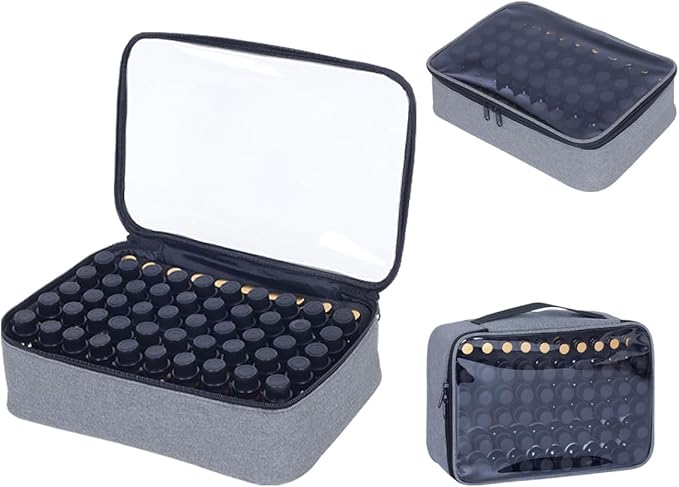 Essential Oils Carrying Case Holds 60 Grids for 1-3ML Roller Bottles 5ml, 10ml, 15ml Bottles Storage Organizer Bag Transparent, Essential Oil Bag with Detachable Sponge Pad Gray