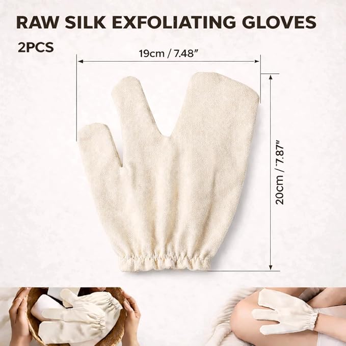 Garshana Gloves Raw Silk Gloves for Dry Brushing, Raw Silk Massage Gloves Exfoliating Body Scrub Mitt for Pre Shower Spa Massage, Ayurvedic Inspired Skin Brushing Massage,2PCS