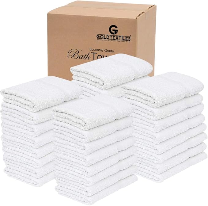 GOLD TEXTILES 120 White Economy Bath Towels Bulk (24x48 Inch) Cotton Blend for Softness-Commercial Grade Easy Care