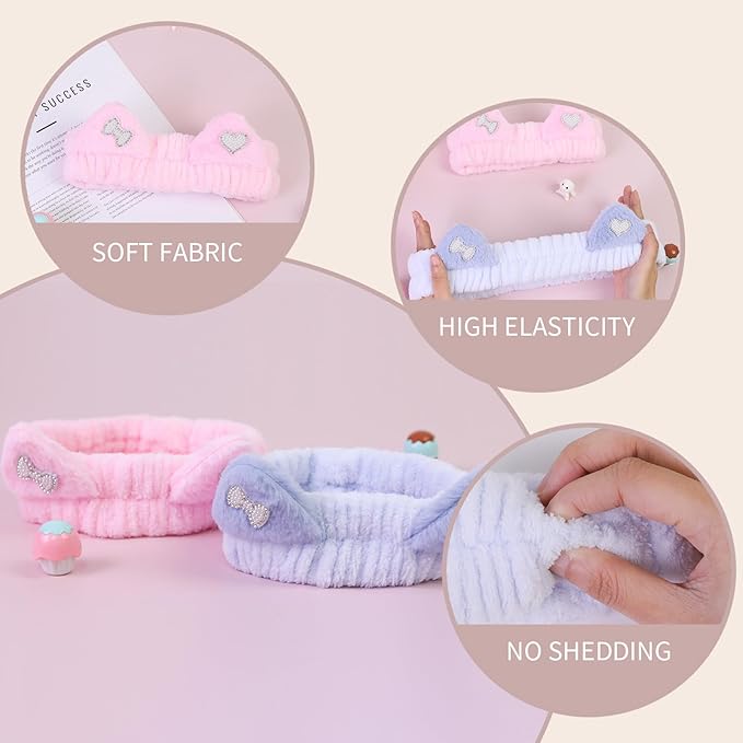 Kawaii Spa Headbands for Women Girls - 2 Pack Cute Cat Ear Soft Fleece Facial Headbands for Makeup, Skincare, Bath, Shower, Beauty and Face Washing, Blue+Pink Heart