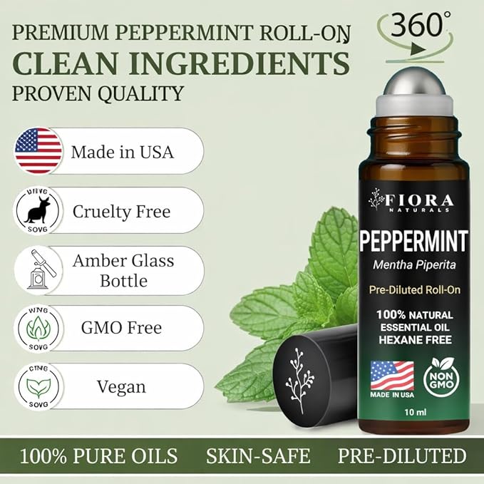 Peppermint Essential Oil Roll On – Cooling Aromatherapy Peppermint Oil Rollerball, Pre-Diluted Essential Oil Roller for Head, Travel & Everyday Refresh, 100% Natural, Compact Roll On Stick