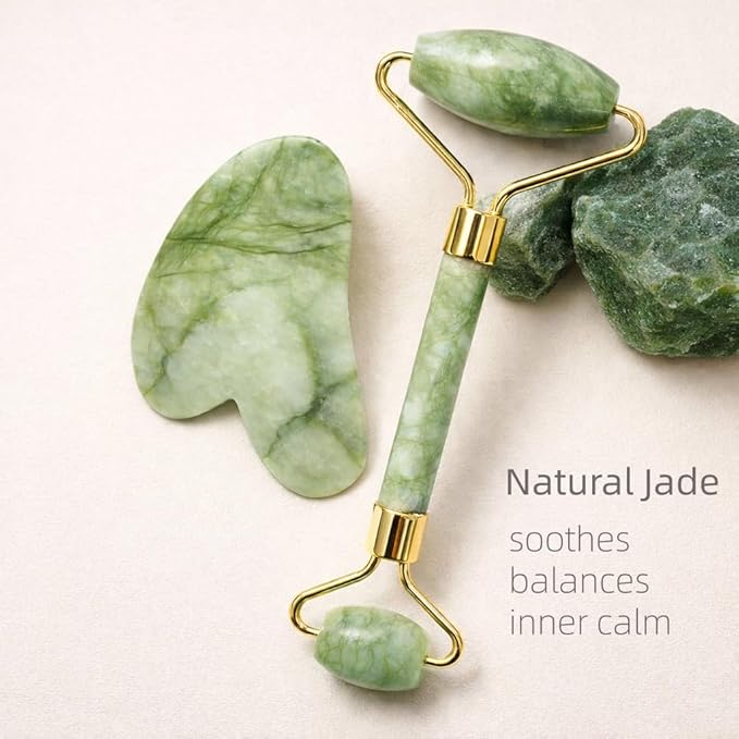 Jade Roller and Gua Sha Set, Natural Jade Stone Facial Massage Tools with Gold Frame for Puffiness and Redness Reducing, Skin Care Routine Gift