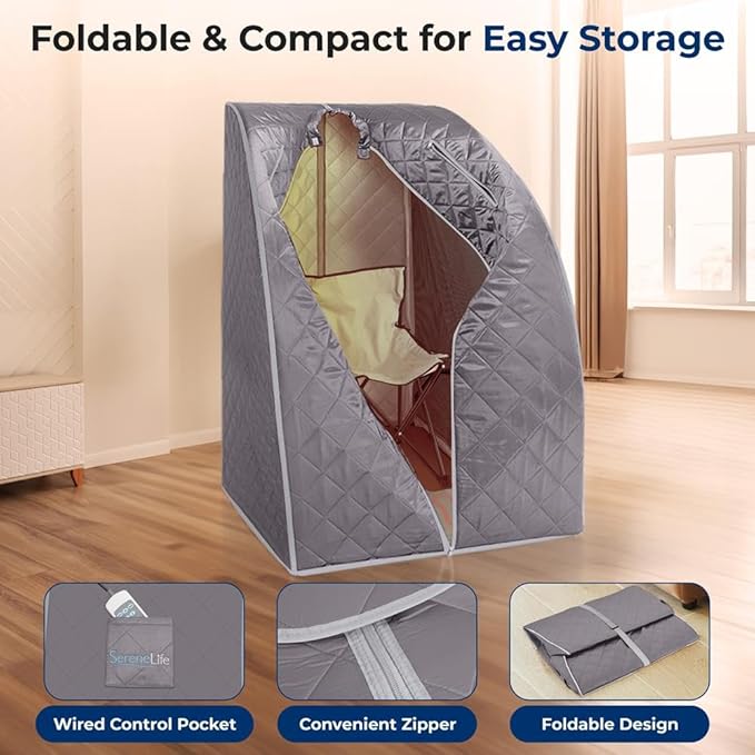 SereneLife Portable Infrared Home Spa | One Person Sauna | Heating Foot Pad and Chair, Gray (SLISAU10GRY)