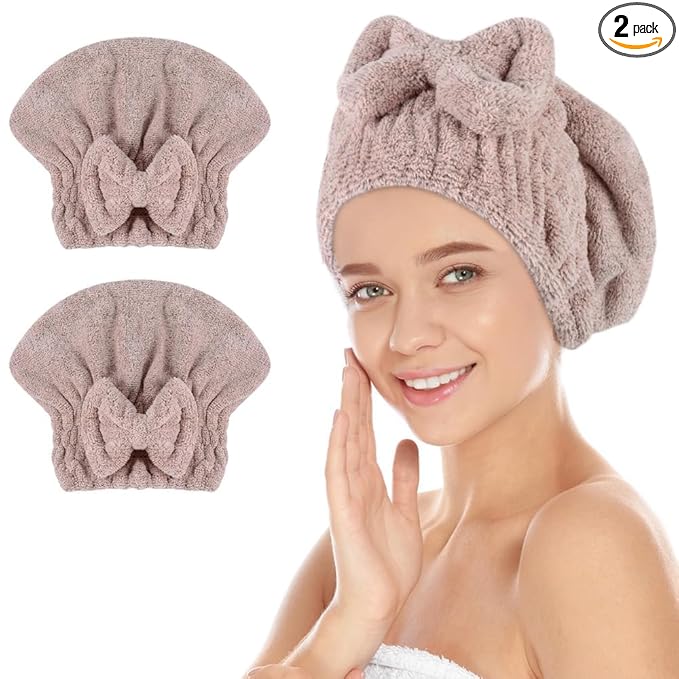 SUNLAND Large Microfiber Hair Drying Caps with Bow knot Fast Drying Shower Cap Soft and Absorbent hairWrap Hair Turban Bath Caps for Curly Thick and wet Hair 11 X 13.4 inch 2 Pack Brown
