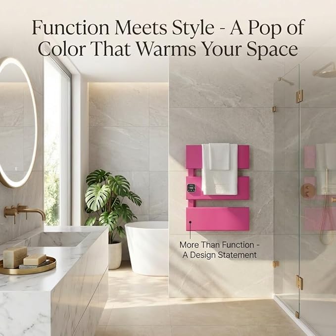 Electric Towel Warmer, Heated Towel Rack with Thermo Control and Timer, Fast Heating Towel Rail for Bathroom with Memroy Function, Work with Smart Plug, Left-Wiring, 3 Panel, Pink