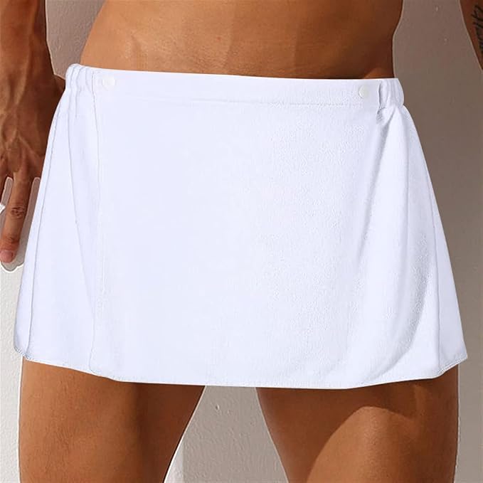 Men Boys Soft Wearable Bath Towel Short Pants Adjustable Mircofiber Towel Blanket Bathroom Pool Beach Spa Bathing Shower Cover Up Wrap Around Towel with Snap Closure (White)
