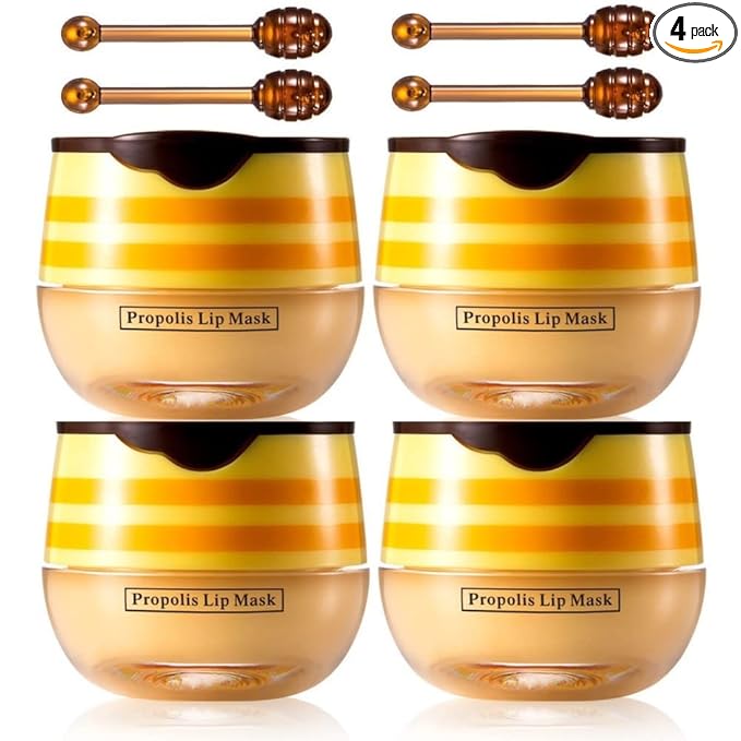 4Pcs Lip Balm Honey Pot, Propolis Moisturizing Honey Lip Mask Lip Balm, Reduces Lip Lines, Prevention Dry and Cracked Lip Scrubs Exfoliator. …