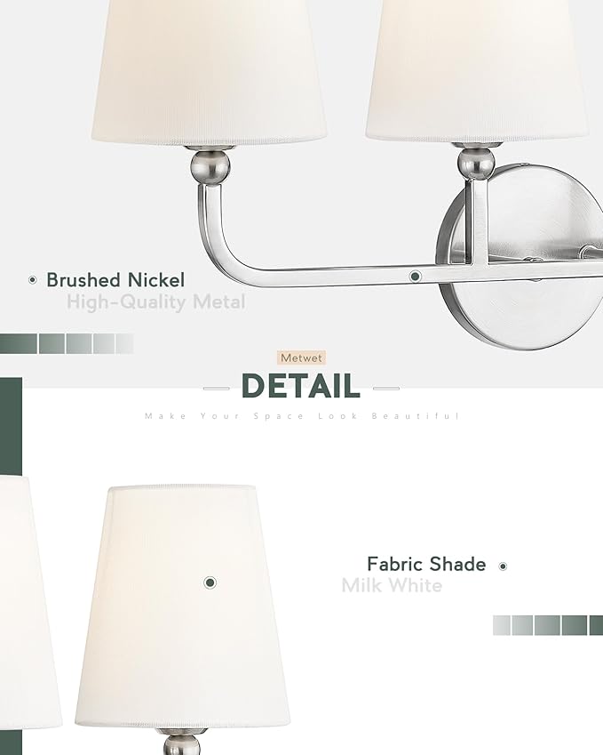 Bathroom Light Fixtures, 4 Light Vanity Lights with Flared White Fabric Shade, 28 Inch Brushed Nickel Wall Sconce, Modern Sconces Wall Lighting for Hallway Bedroom, VL837-BN-4