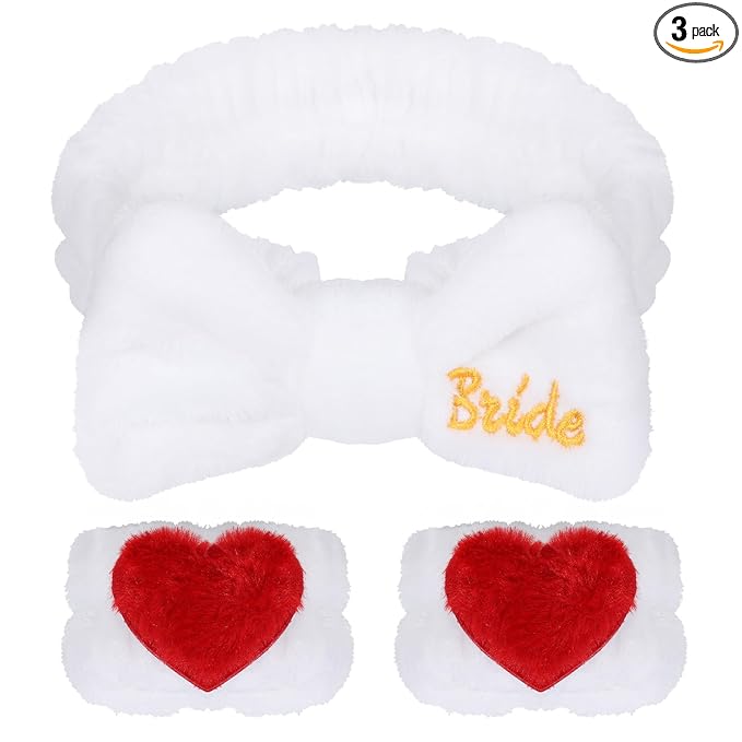 Bridal Print Plush Wash Face Headband with Wrist Band Hair Cuffs for Women Girls Bride to Be Spa Facial Makeup Skincare Bath Head Wrap Bachelorette Birthday Party Favor Gift