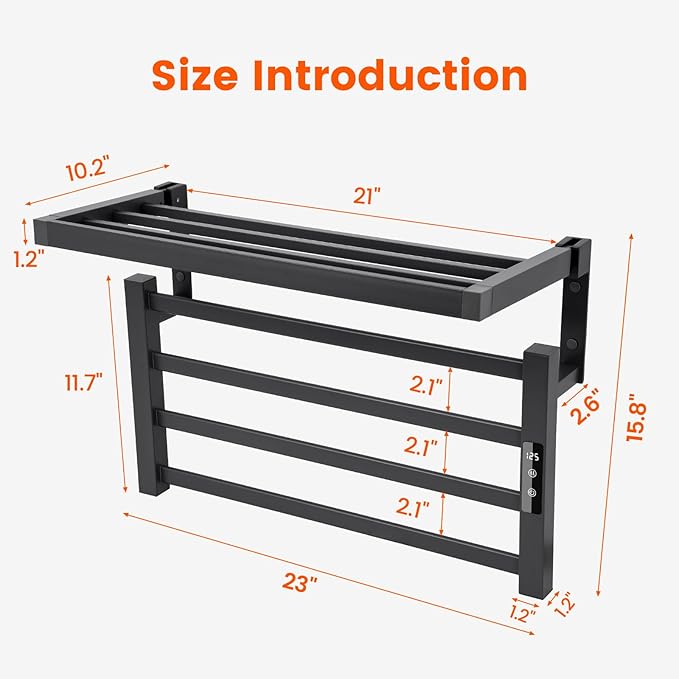 4 Bars Towel Warmer Rack with Top Shelf, Electric Wall Mounted Heated Towel Rack with Timer and Temperature Control, Towel Heater Hard Wired/Plug-in Hot Towel Rails for Bathroom, Grey