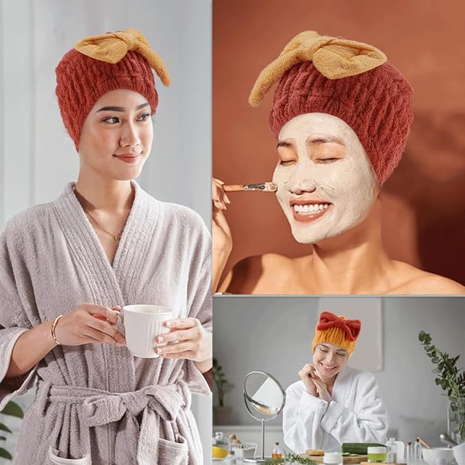 2Pcs Microfiber Hair Towel Wrap for Women Hair Drying Cap Hair Plopping Cap Hair Drying Towel Wrap Head Towels Wrap for Women Curly Hair (Red and Yellow)