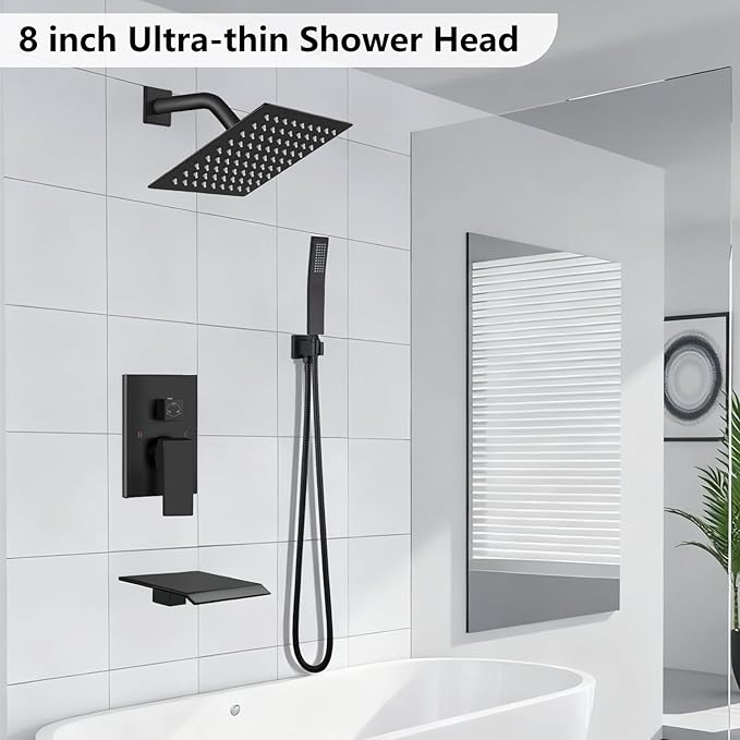 Midanya Shower System with Tub Spout,Bathtub Shower Faucet Set with Square Rainfall Head and Handheld Sprayer Wall Mount Tub Faucet Set with Valve and Trim Kit,8 Inch Matte Black