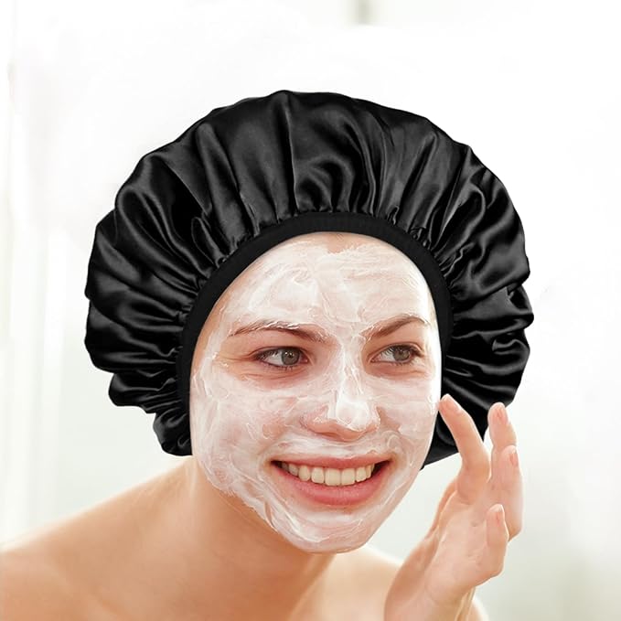 Three-Layer Terry Cloth Lined Satin Shower Cap, with Silk Hair Ties, Microfiber Waterproof Reusable Large Size Shower Cap for Women Long Thick Hair (Black)