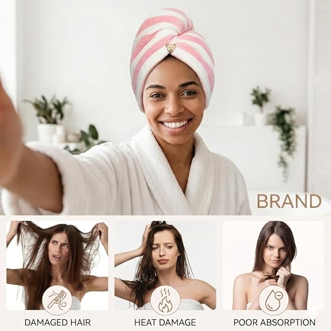3 Pack Microfiber Hair Towel Wrap for Women, Fast Drying Hair Turban with Button, Anti-Frizz Large Hair Towel for All Hair Styles, Soft & Absorbent Hair Drying Towel