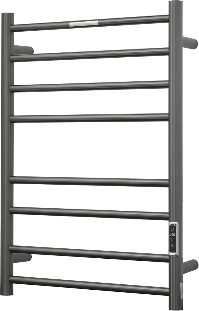 Electric Heated Towel Warmer - Wall Mounted Bathroom Towel Rack, Plug-in Design & Brushed Stainless Steel Finish 8 Bar Gunmetal with Timer & Temperature Control