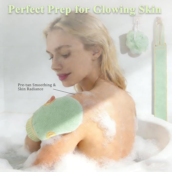 Exfoliating Glove and Back Scrubber for Shower - 3-Piece Exfoliating Mitt Set with Bath Sponge - Deep Skin Cleansing Body Scrubber for Dead Skin Removal, Self-Tan (Green)