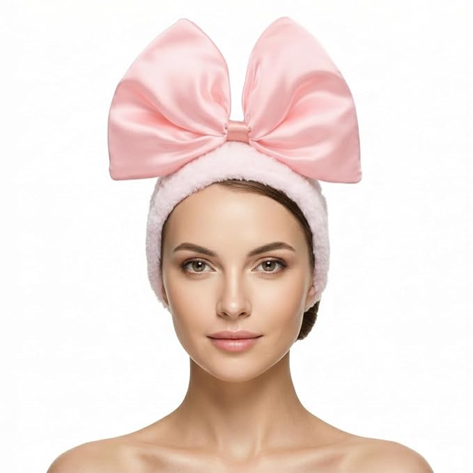 JIAHANG Large Bow Facial Spa Headband, Morning Wash Skincare Satin Bow Hairband for Women Girls