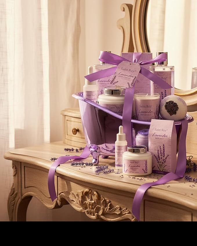 Mothers Day Gifts for Women, Lavender Bath and Body Gift Basket, Spa Kit for Women, Self-Care Relaxation Set, Home Spa Gift Basket, Birthday, Christmas, Bath Spa Kit Woman gift, Anniversary