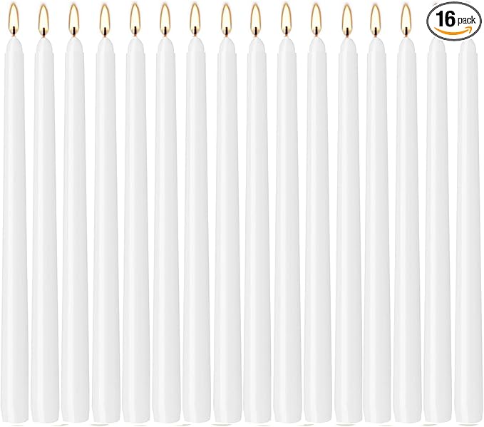 WPONSZU 16 Pack White Taper Candles, 7-8 Hours Burn Time, Unscented, Smokeless and Dripless, 4/5 x 10 Inch for Christmas,Household,Dinner,Wedding,Valentine's Day,Party and Home Décor Candlesticks