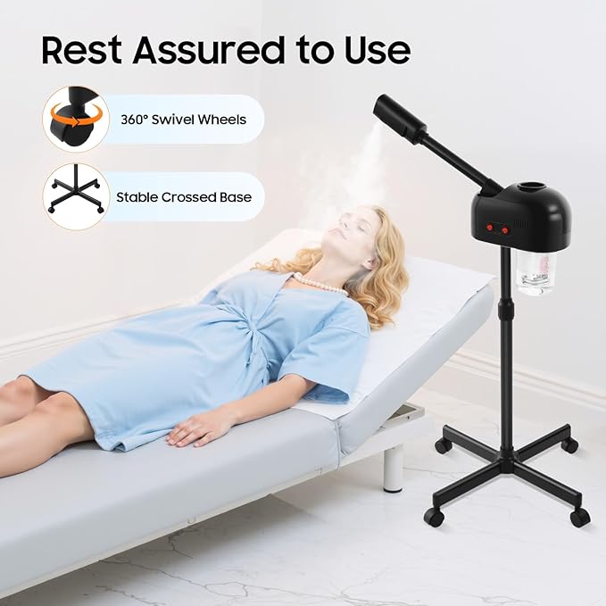 Professional Facial Steamer, Hot Ozone Face Steamer on Wheels for Facial, Adjustable Height, 360° Rotatable Nozzle, Vaporizador Facial Steamer for Esthetician, Height Adjustable, SPA at Home (Black)