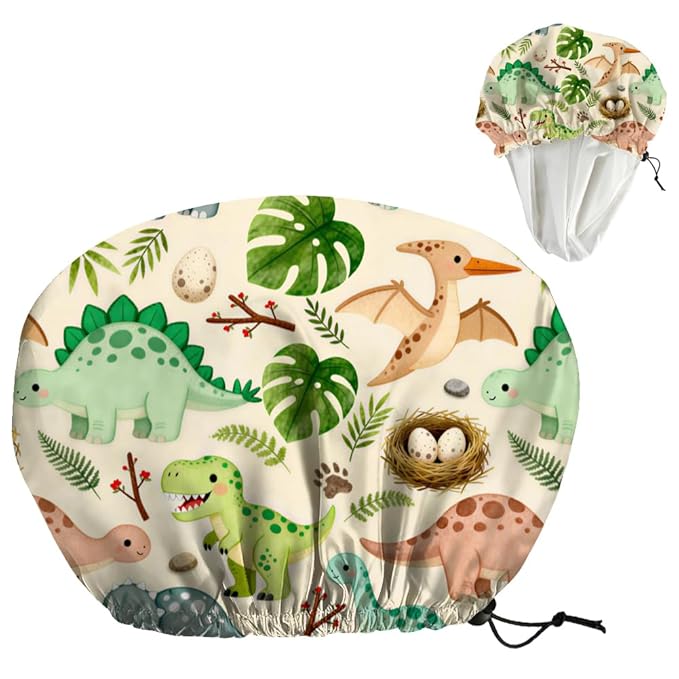 Dinosaurs Leaves Reusable Shower Cap Cute Double Layer Waterproof Shower Caps Large Elastic Hair Cover Adjustable Hair - Drying Caps for Woman Bath SPA Travel One Size Fits Most