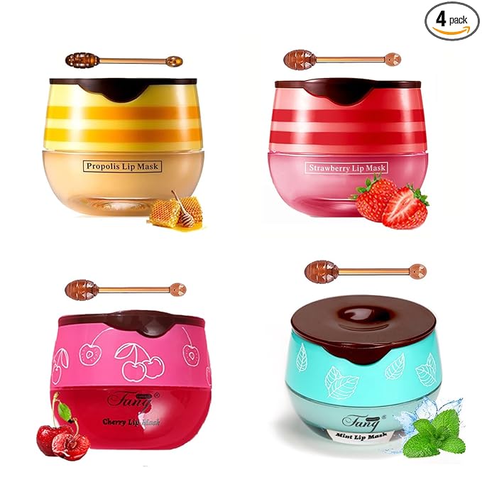4 PCS Bee Lip Balm Honey Pot,Lip Mask Propolis Moisturizing,Prevention Dry and Cracked Lip Scrubs Exfoliator Lip Wrinkle Skin Care Products (Honey & Cherry & Mint & Strawberry)